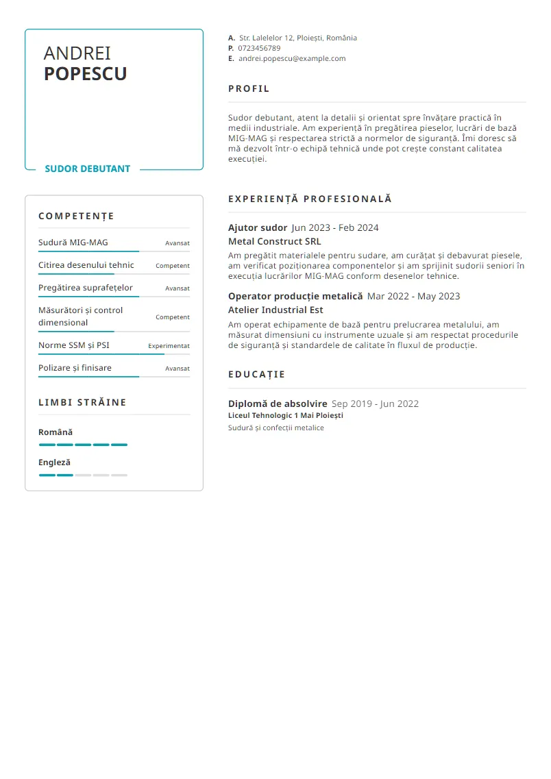 Exemplu CV Sudor debutant - Andrei Popescu