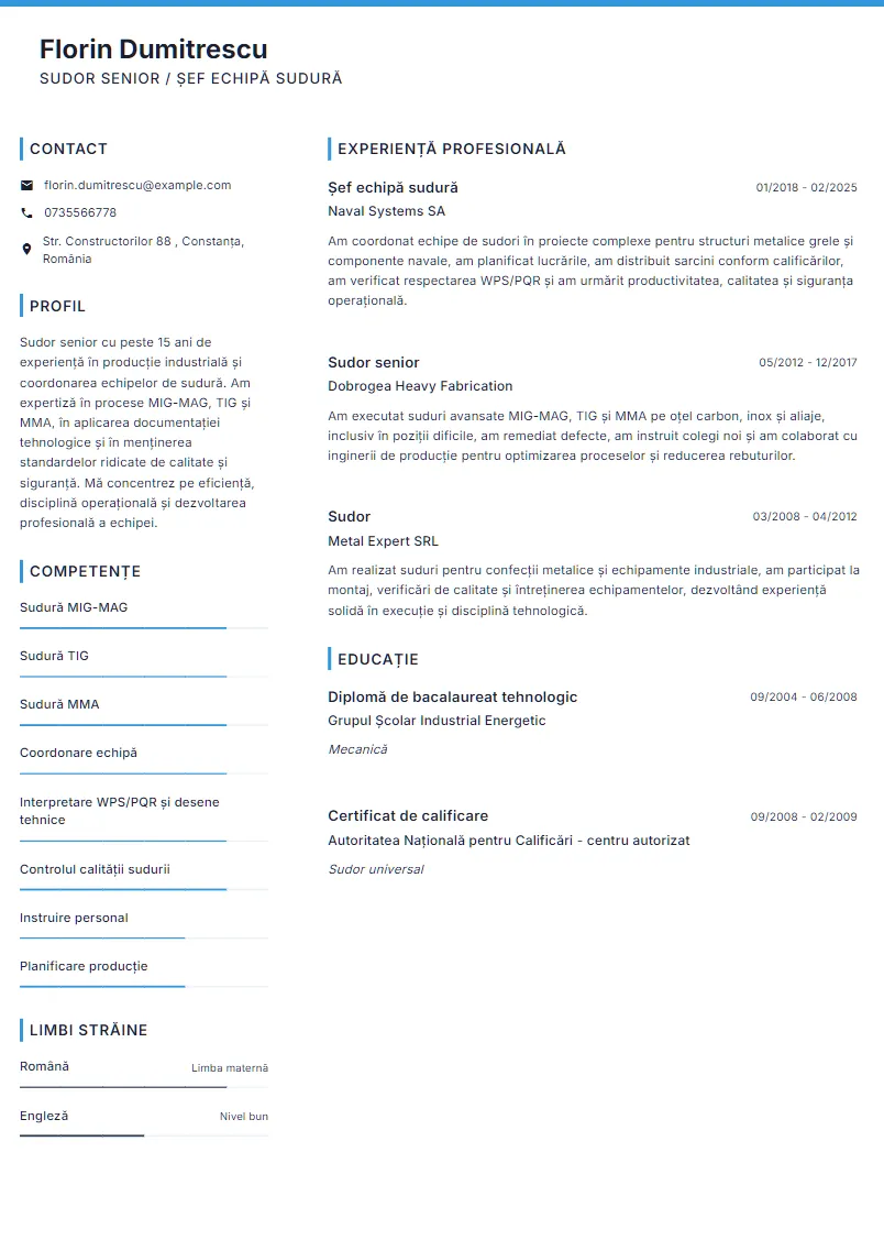 Exemplu CV Sudor senior / Șef echipă sudură - Florin Dumitrescu