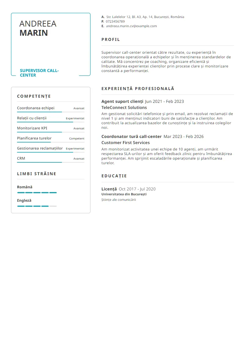 Exemplu CV Supervisor call-center - Andreea Marin