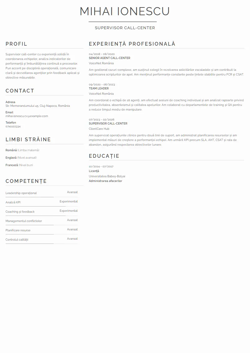Exemplu CV Supervisor call-center - Mihai Ionescu