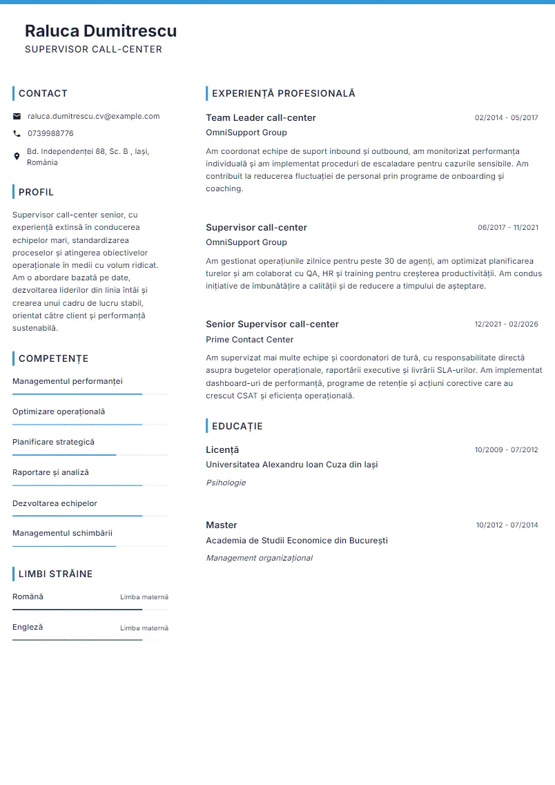 Exemplu CV Supervisor call-center - Raluca Dumitrescu