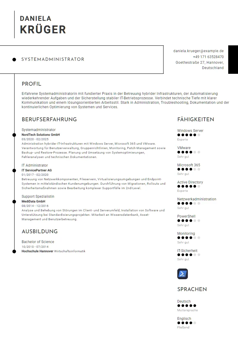 Lebenslauf Beispiel Systemadministrator - Daniela Krüger