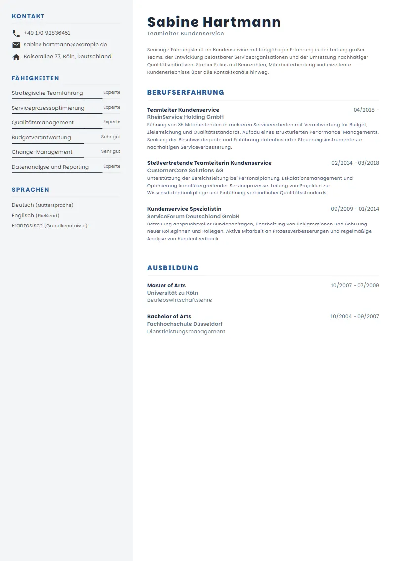 Lebenslauf Beispiel Teamleiter Kundenservice - Sabine Hartmann