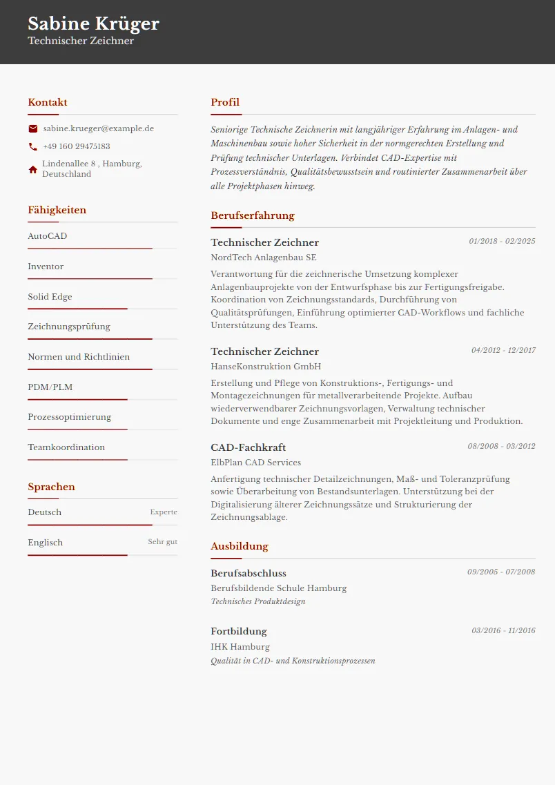 Lebenslauf Beispiel Technischer Zeichner - Sabine Krüger