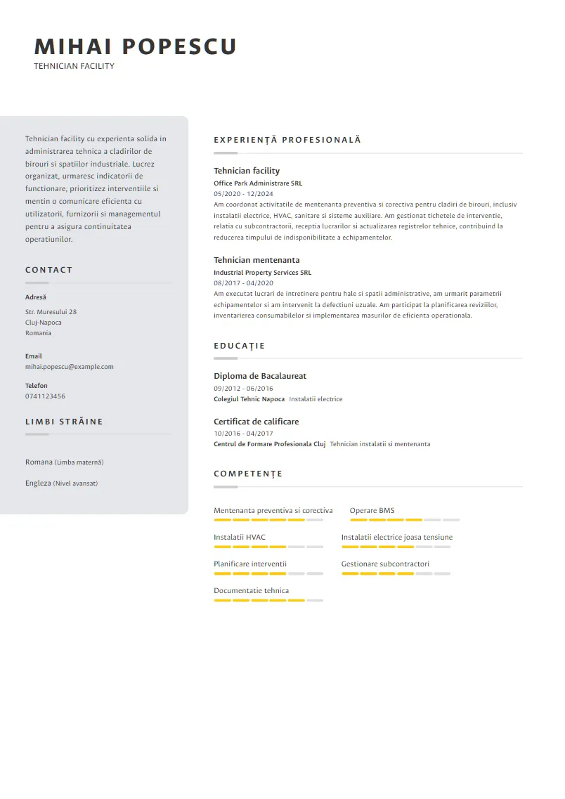 Exemplu CV Tehnician facility - Mihai Popescu