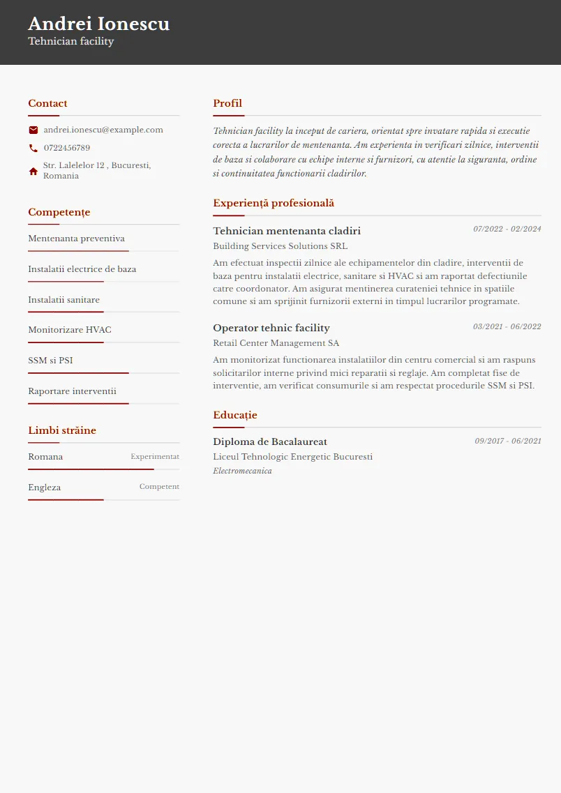 Exemplu CV Tehnician facility - Andrei Ionescu