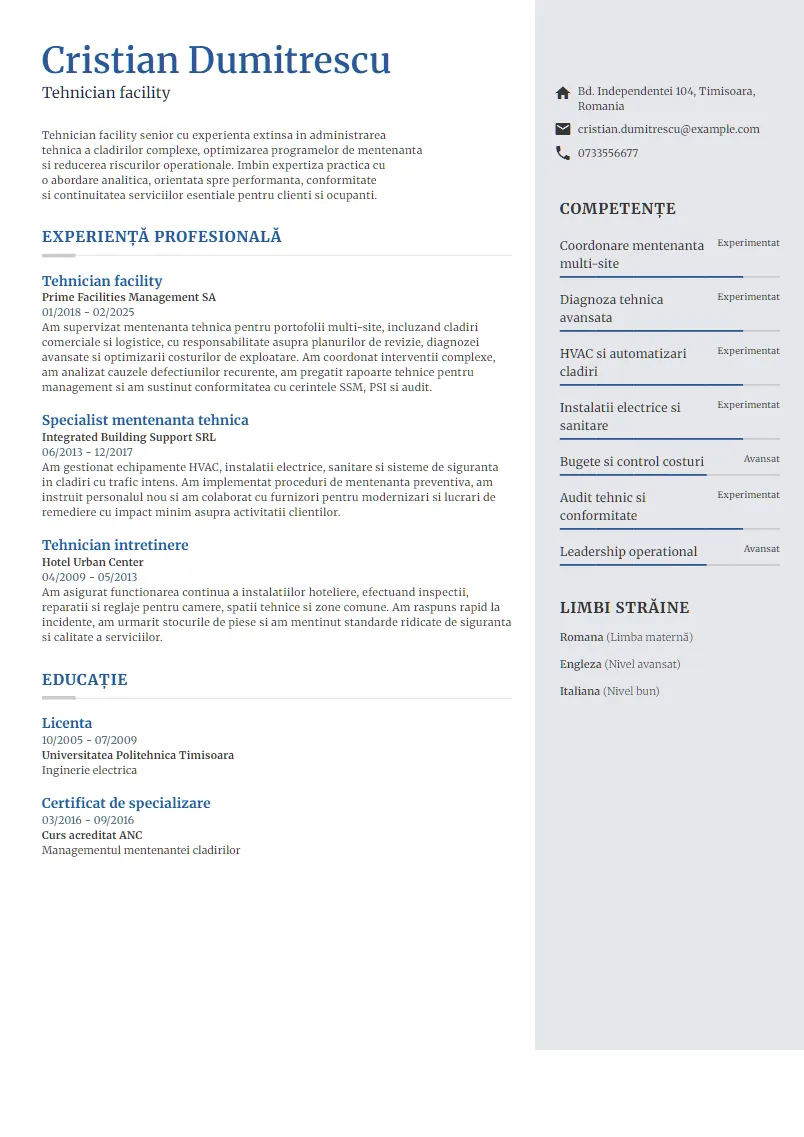 Exemplu CV Tehnician facility - Cristian Dumitrescu