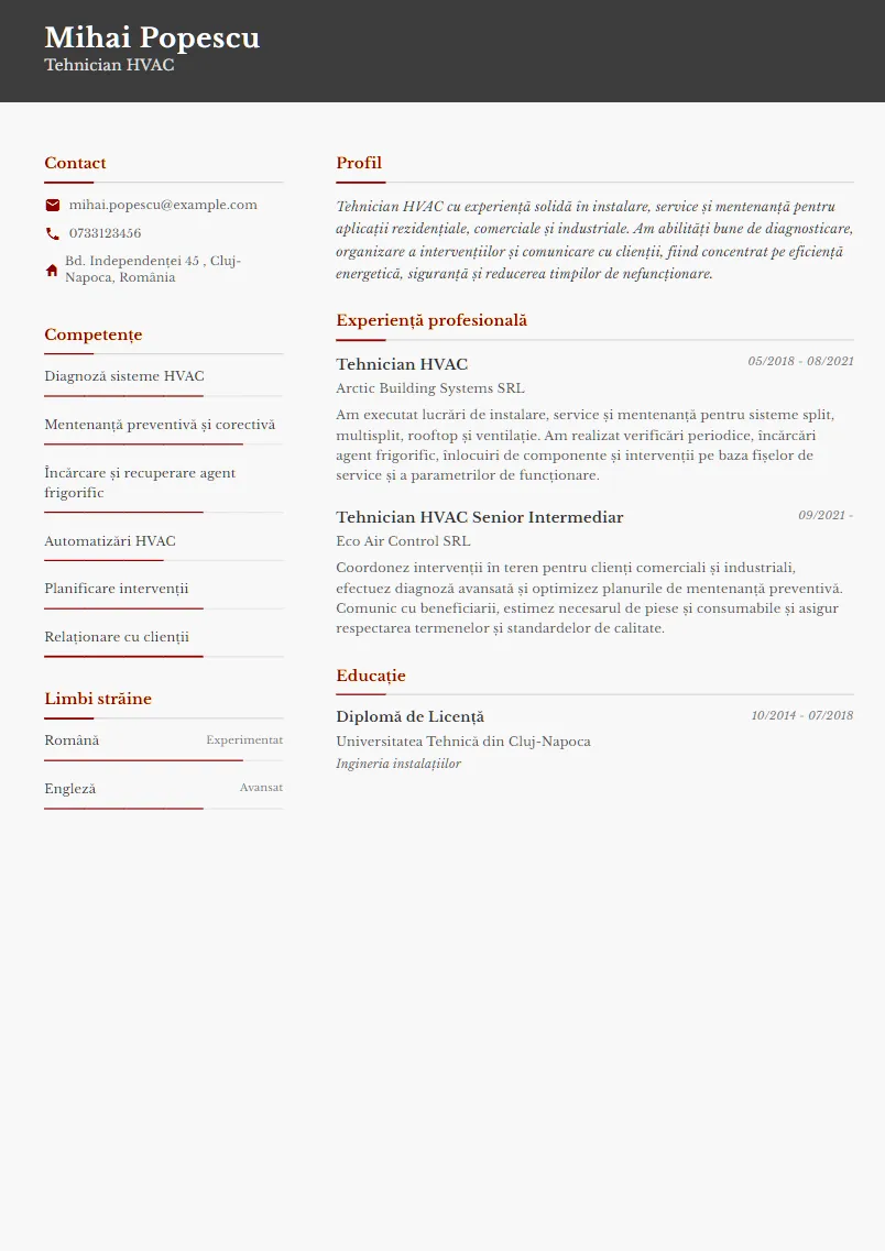 Exemplu CV Tehnician HVAC - Mihai Popescu