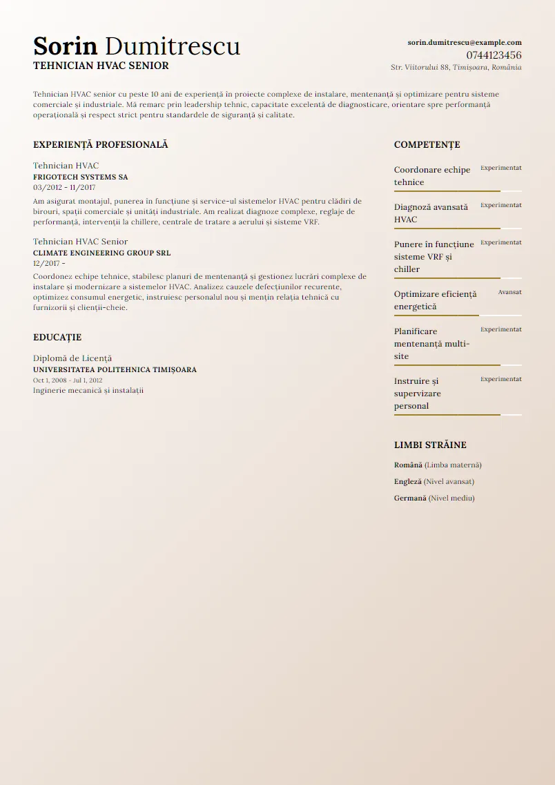 Exemplu CV Tehnician HVAC Senior - Sorin Dumitrescu