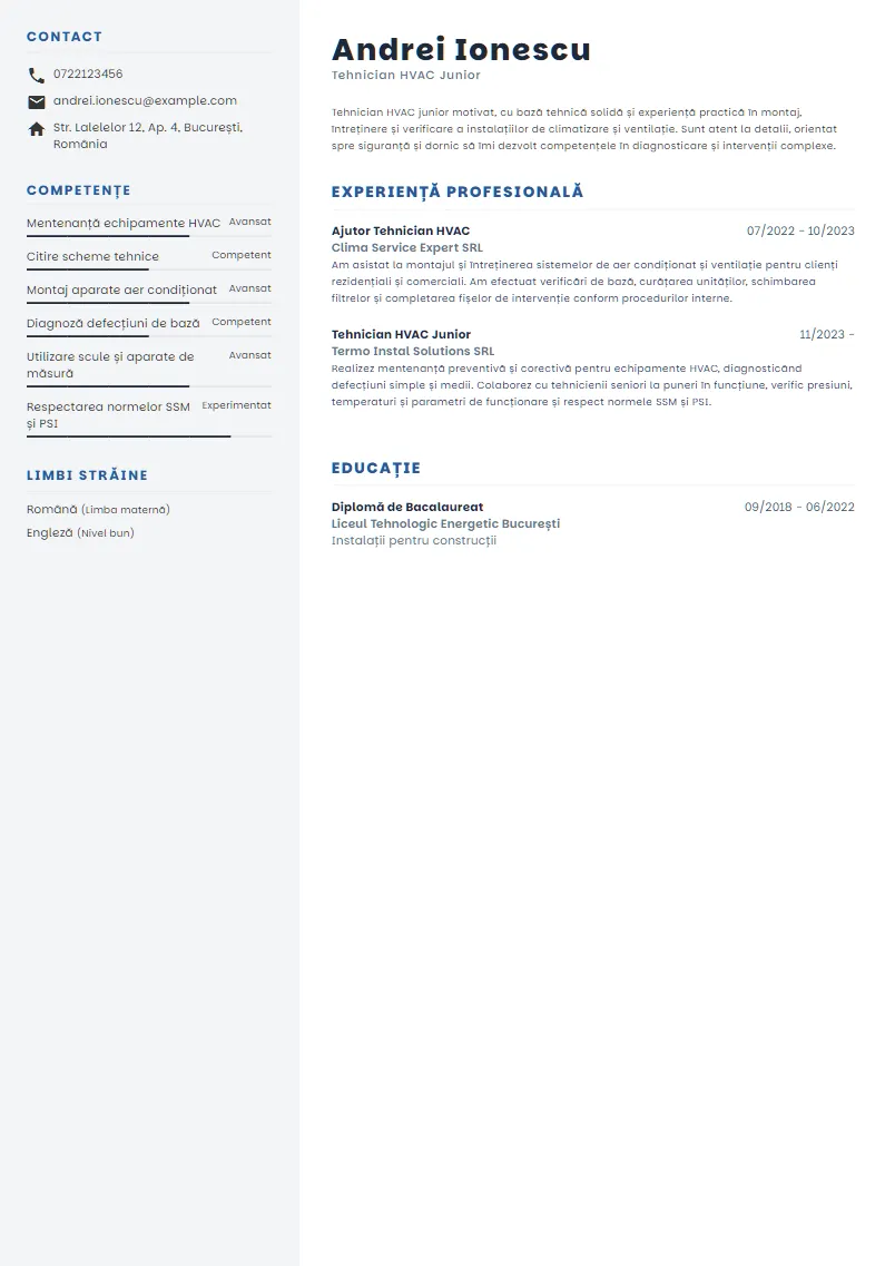 Exemplu CV Tehnician HVAC Junior - Andrei Ionescu