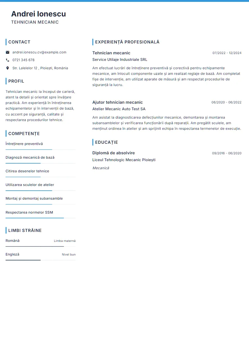 Exemplu CV Tehnician mecanic - Andrei Ionescu