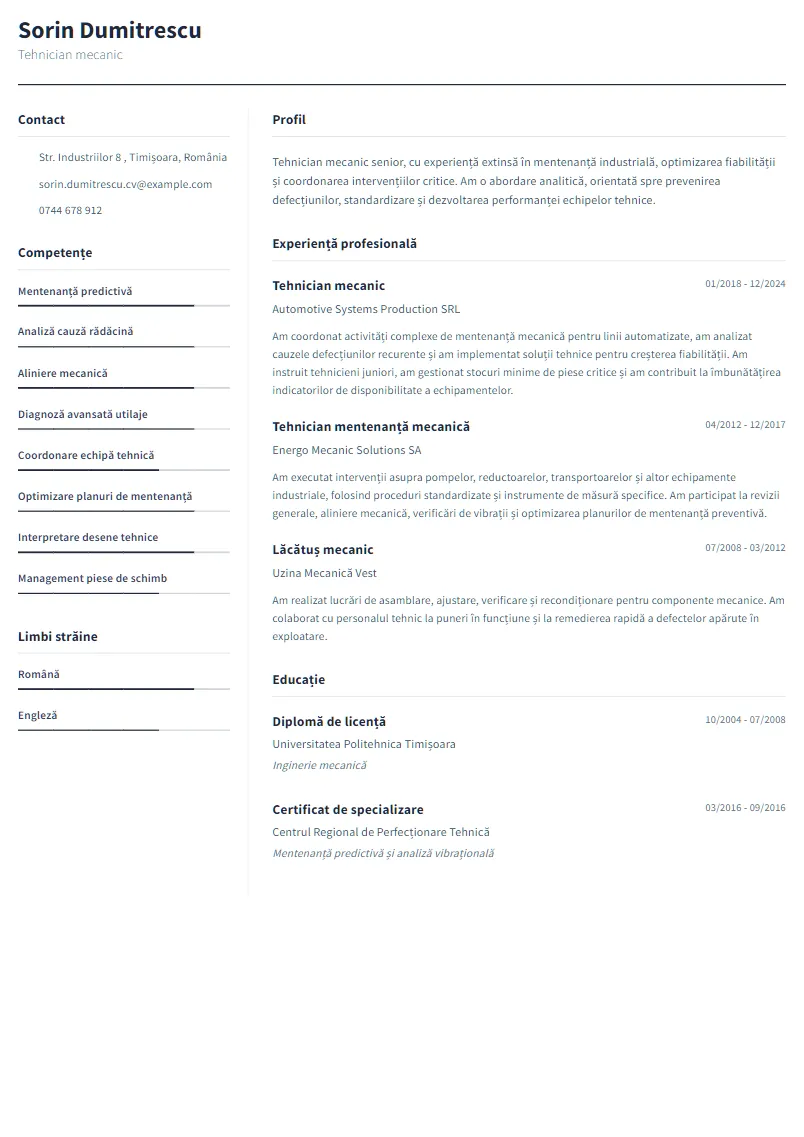 Exemplu CV Tehnician mecanic - Sorin Dumitrescu