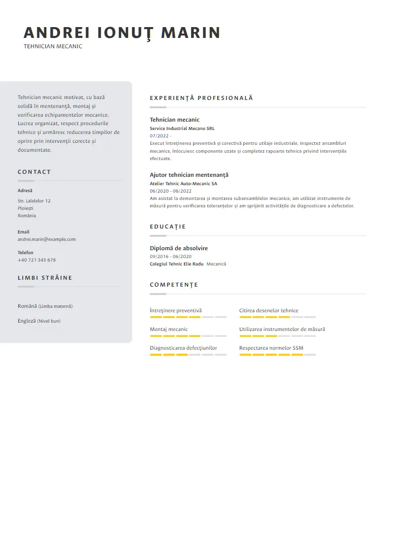Exemplu CV Tehnician mecanic - Andrei Ionuț Marin
