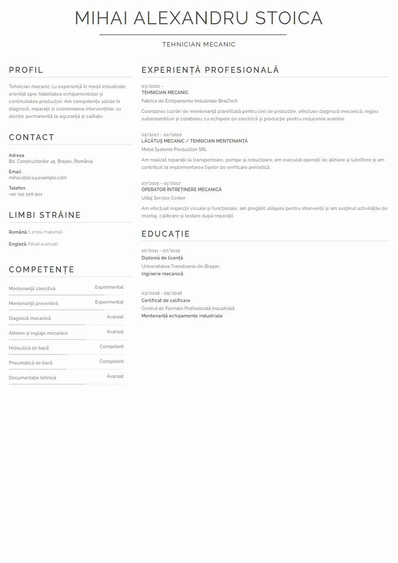 Exemplu CV Tehnician mecanic - Mihai Alexandru Stoica
