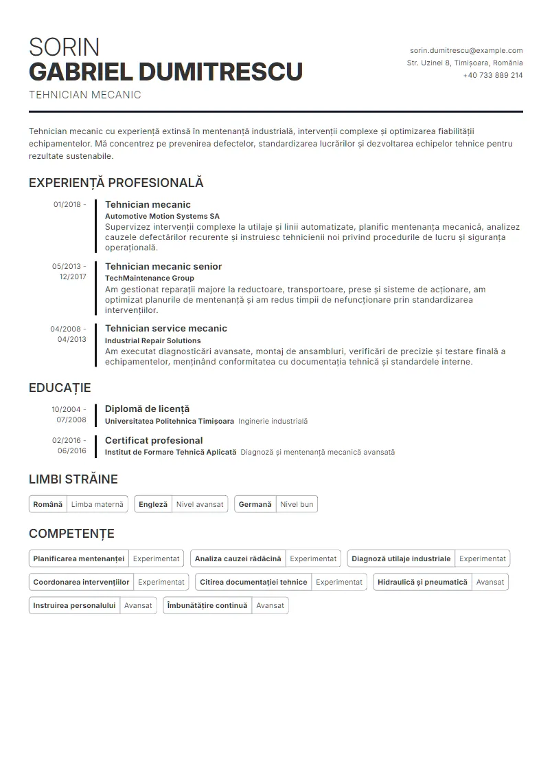 Exemplu CV Tehnician mecanic - Sorin Gabriel Dumitrescu