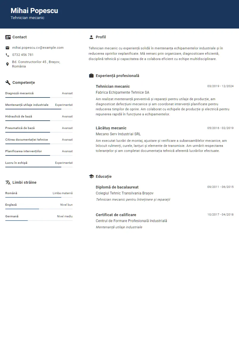 Exemplu CV Tehnician mecanic - Mihai Popescu