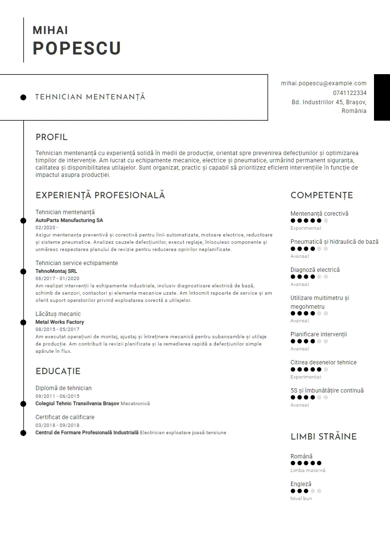 Exemplu CV Tehnician mentenanță - Mihai Popescu