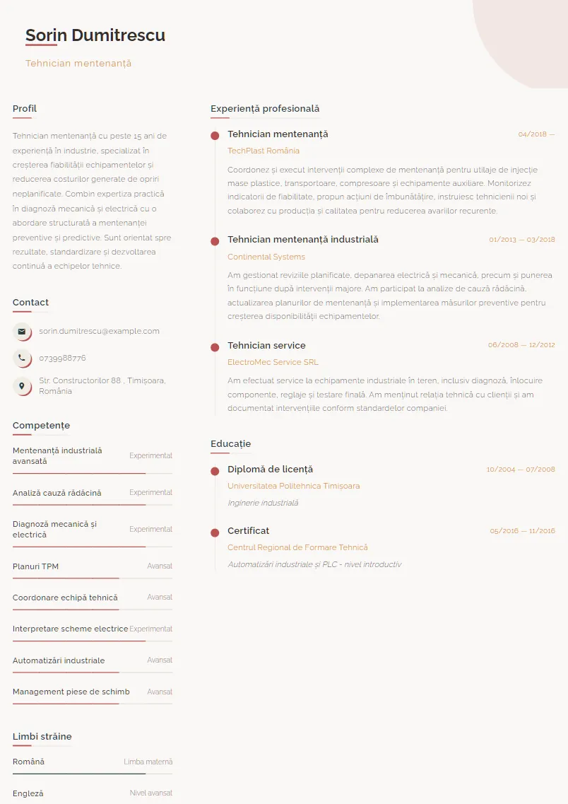 Exemplu CV Tehnician mentenanță - Sorin Dumitrescu