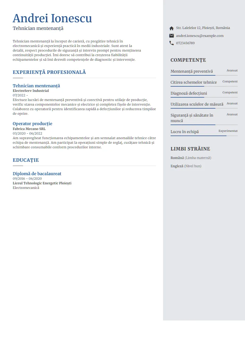 Exemplu CV Tehnician mentenanță - Andrei Ionescu