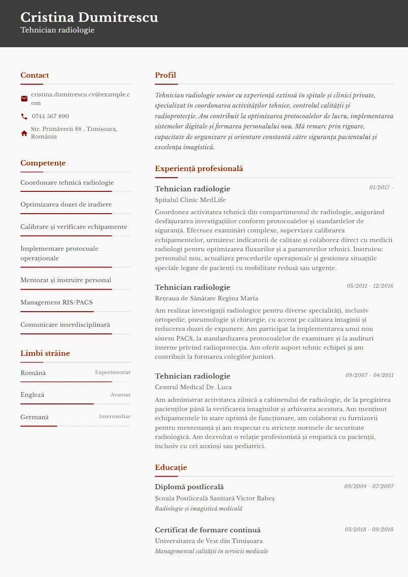 Exemplu CV Tehnician radiologie - Cristina Dumitrescu