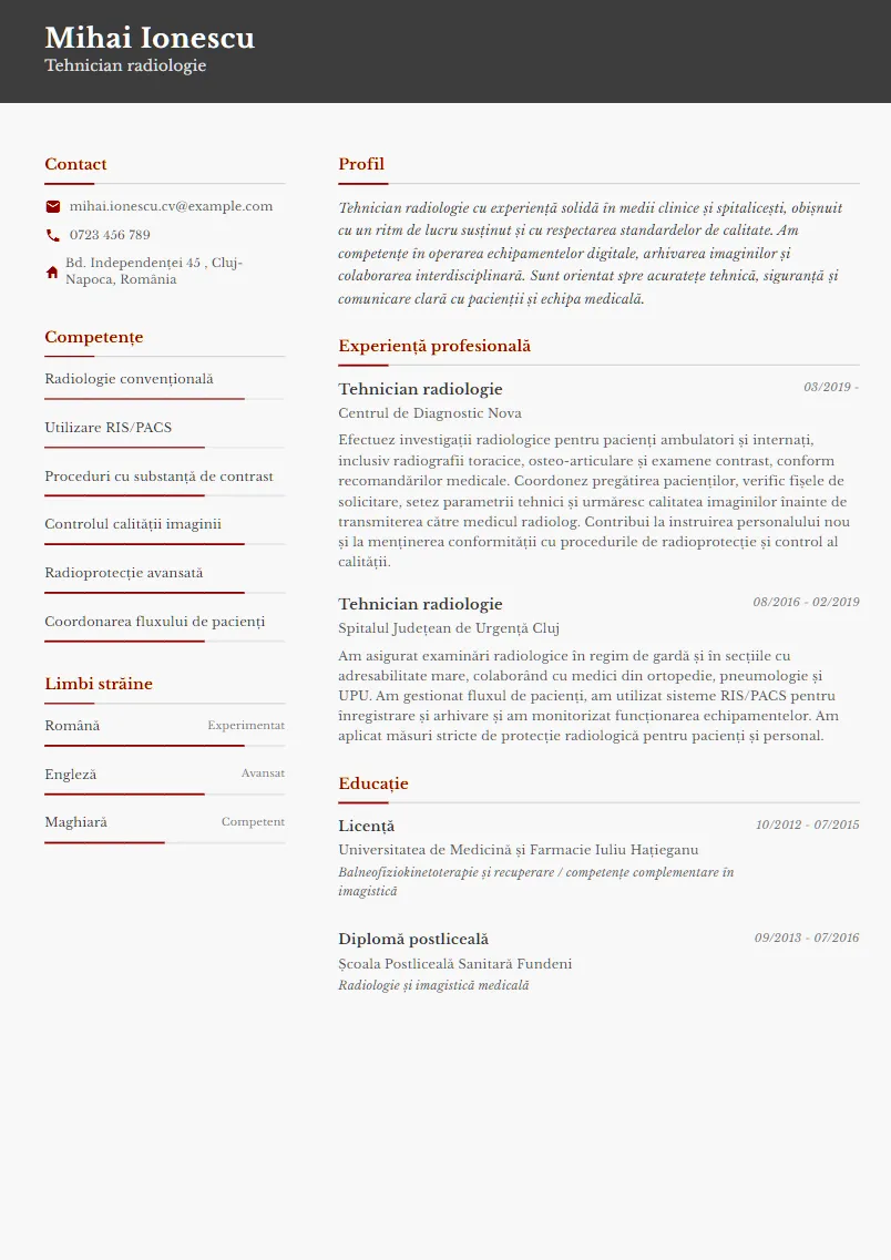 Exemplu CV Tehnician radiologie - Mihai Ionescu