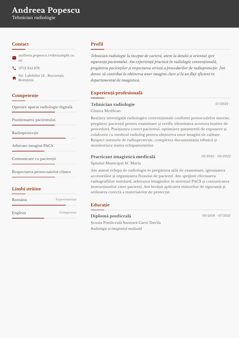 Exemplu CV Tehnician radiologie - Andreea Popescu