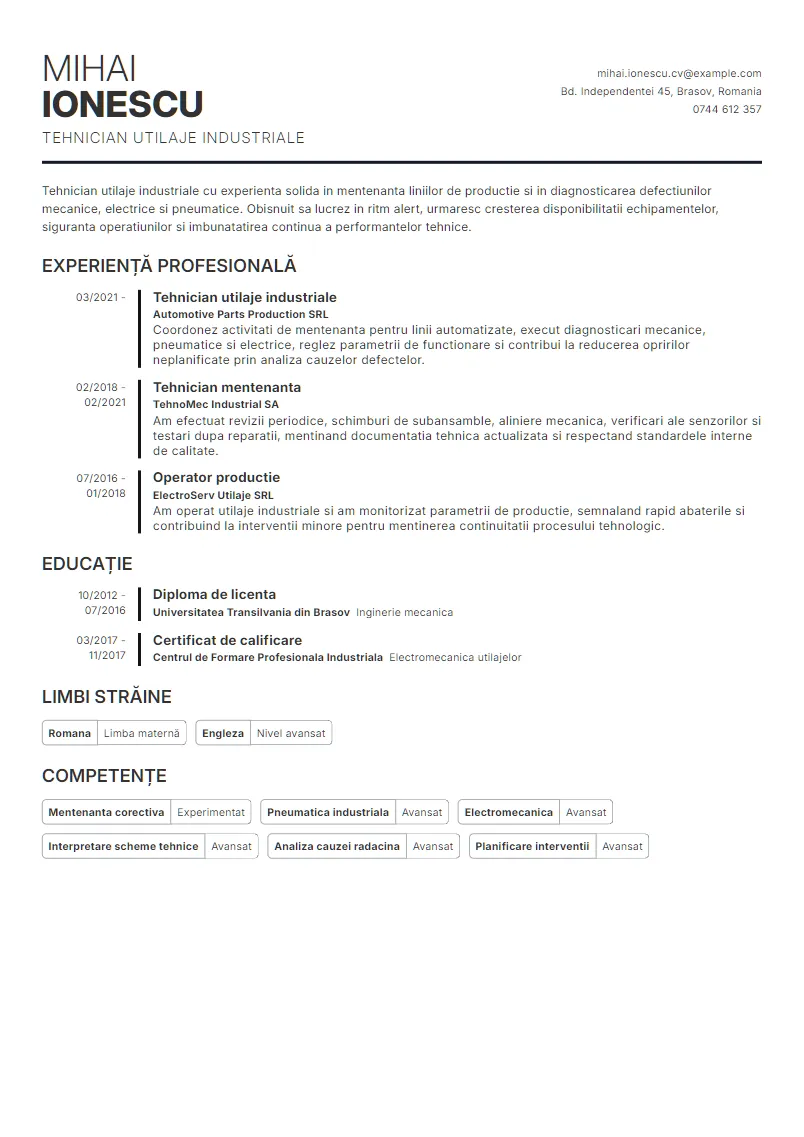 Exemplu CV Tehnician utilaje industriale - Mihai Ionescu