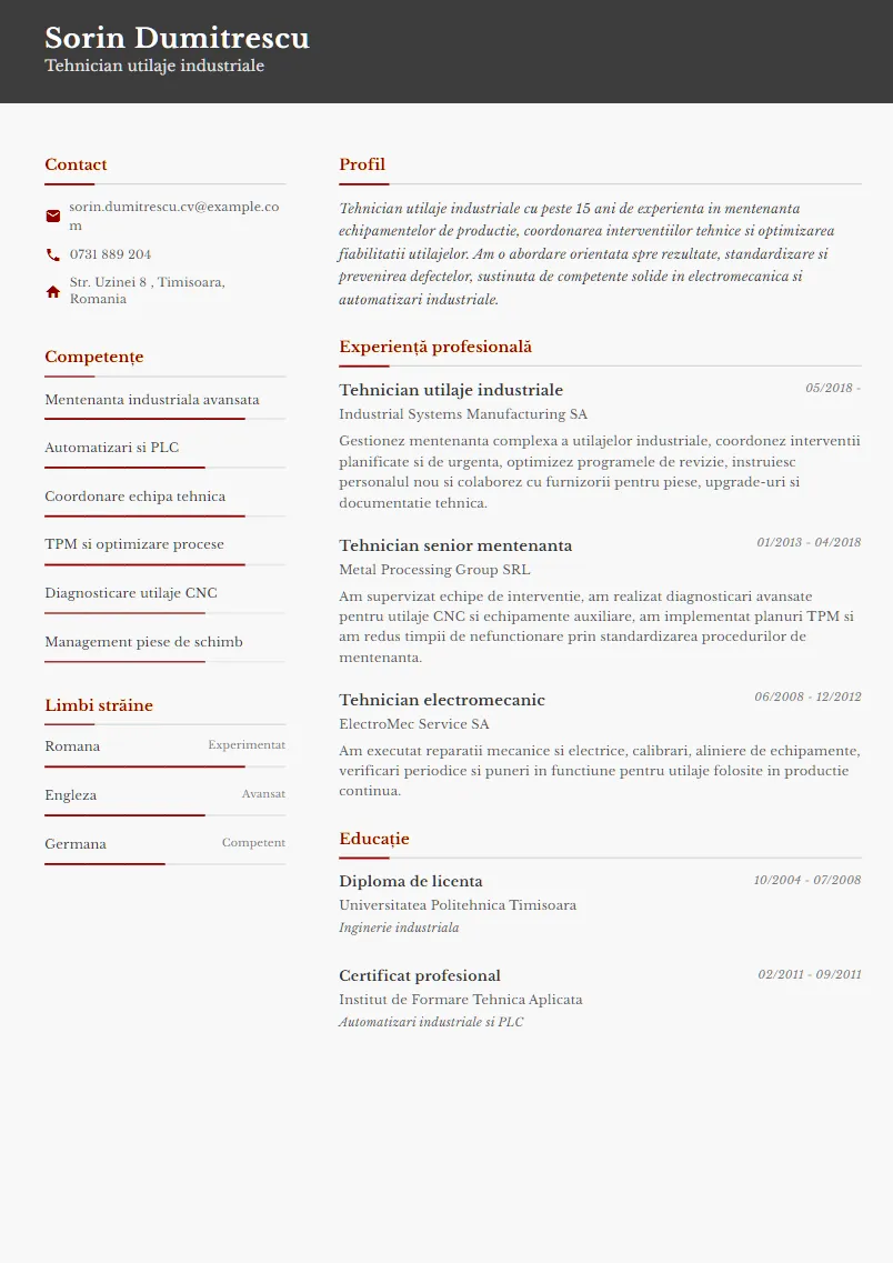 Exemplu CV Tehnician utilaje industriale - Sorin Dumitrescu