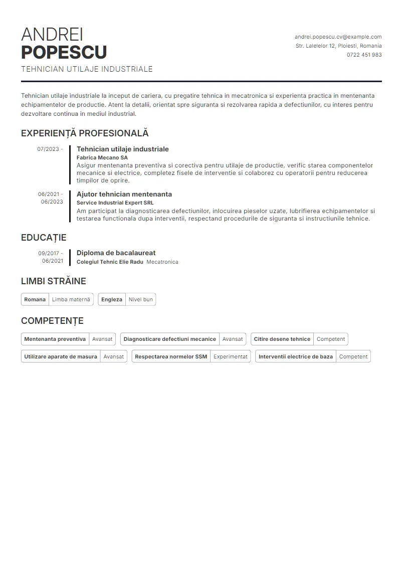 Exemplu CV Tehnician utilaje industriale - Andrei Popescu