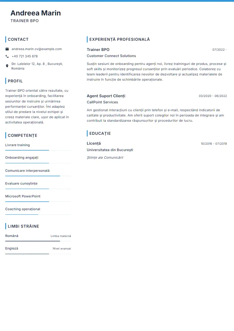 Exemplu CV Trainer BPO - Andreea Marin