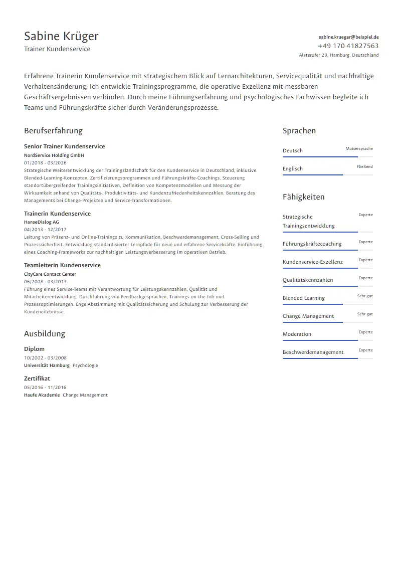 Lebenslauf Beispiel Trainer Kundenservice - Sabine Krüger