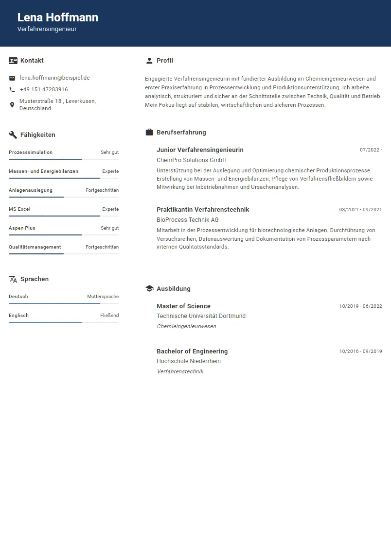 Lebenslauf Beispiel Verfahrensingenieur - Lena Hoffmann