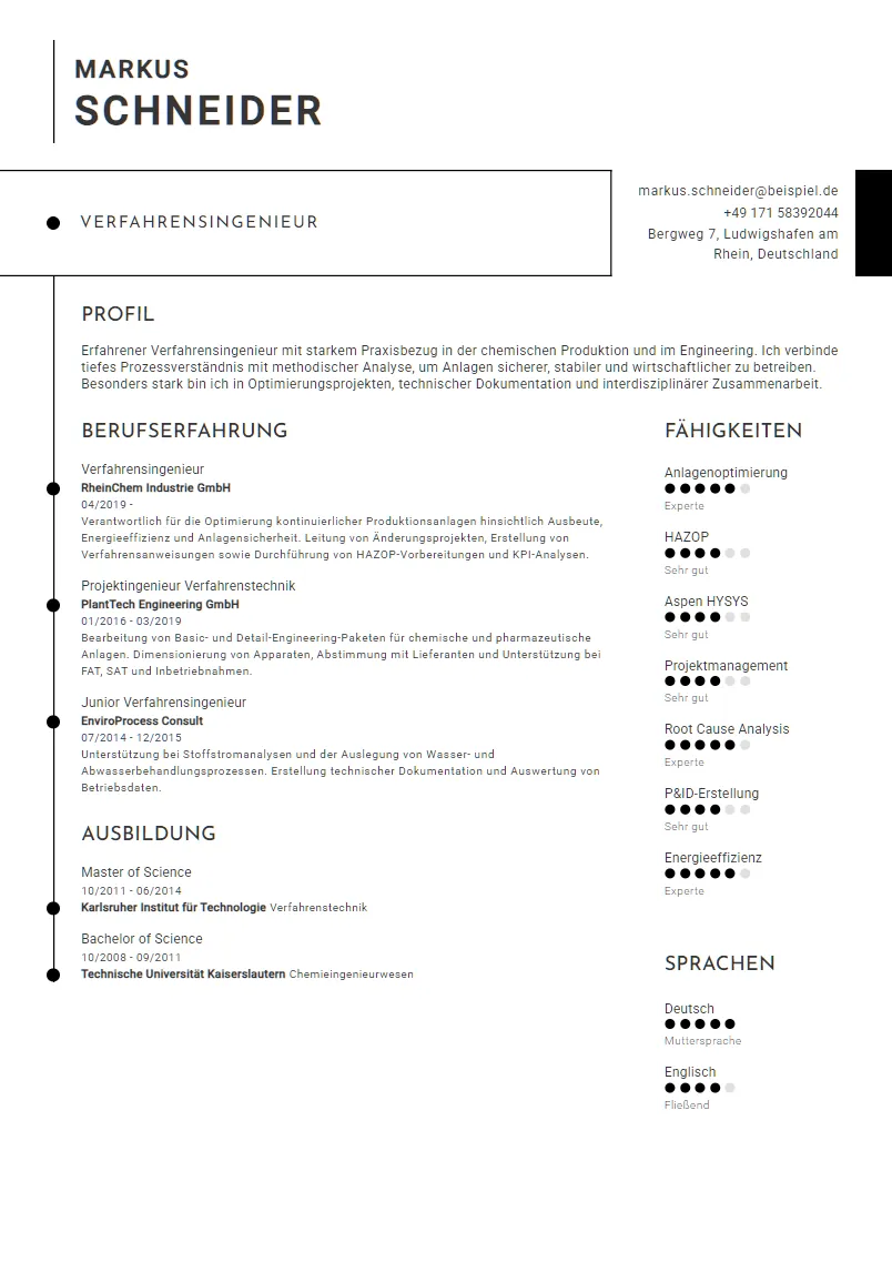 Lebenslauf Beispiel Verfahrensingenieur - Markus Schneider
