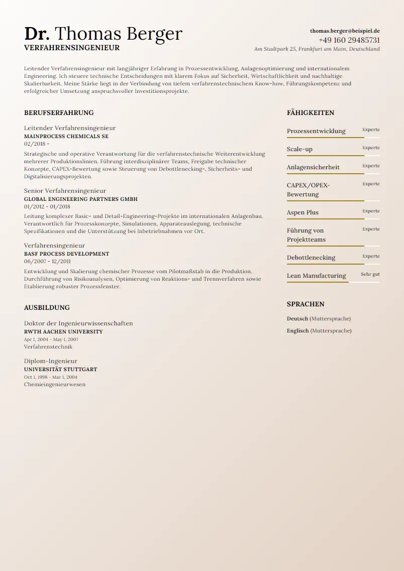 Lebenslauf Beispiel Verfahrensingenieur - Dr. Thomas Berger
