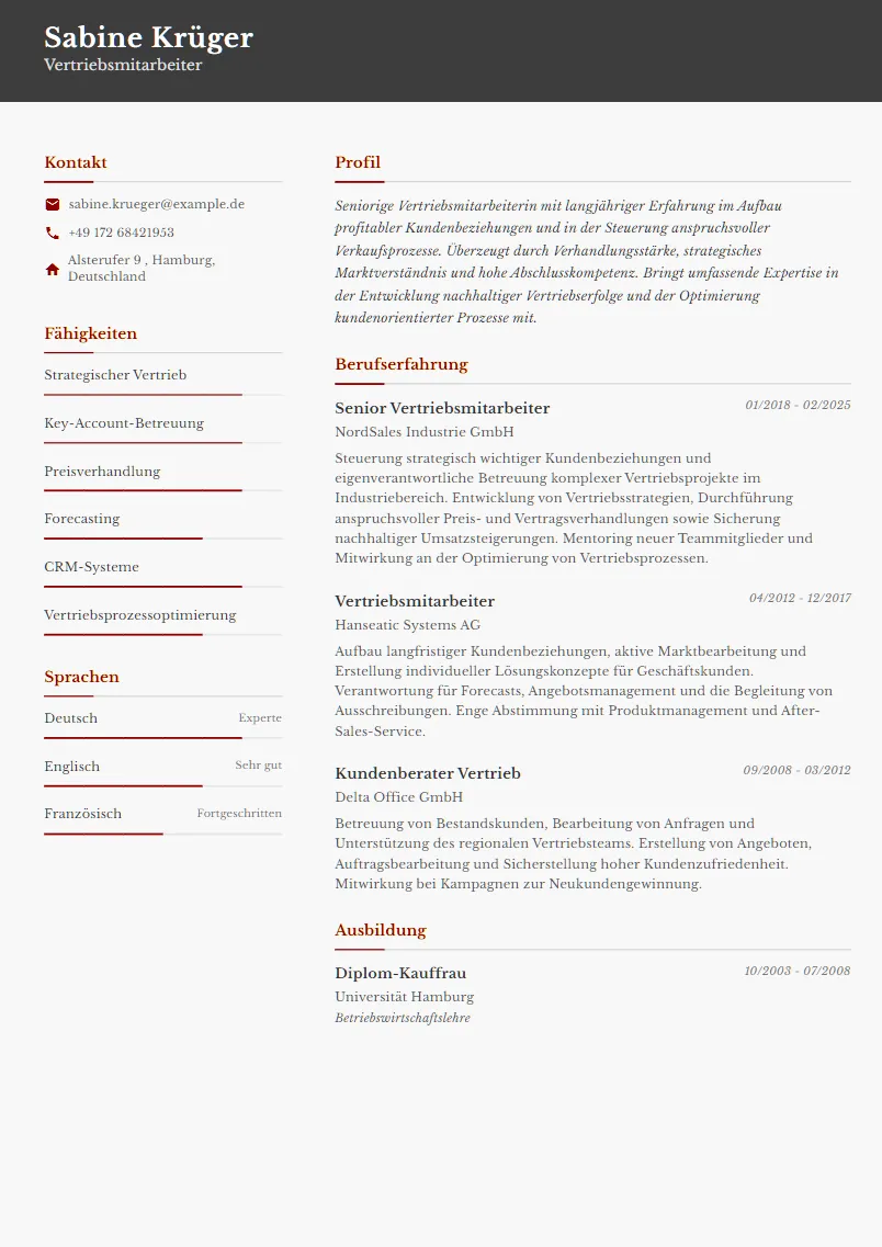 Lebenslauf Beispiel Vertriebsmitarbeiter - Sabine Krüger