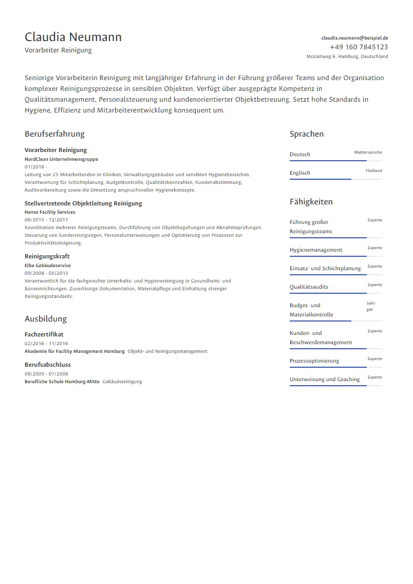 Lebenslauf Beispiel Vorarbeiter Reinigung - Claudia Neumann