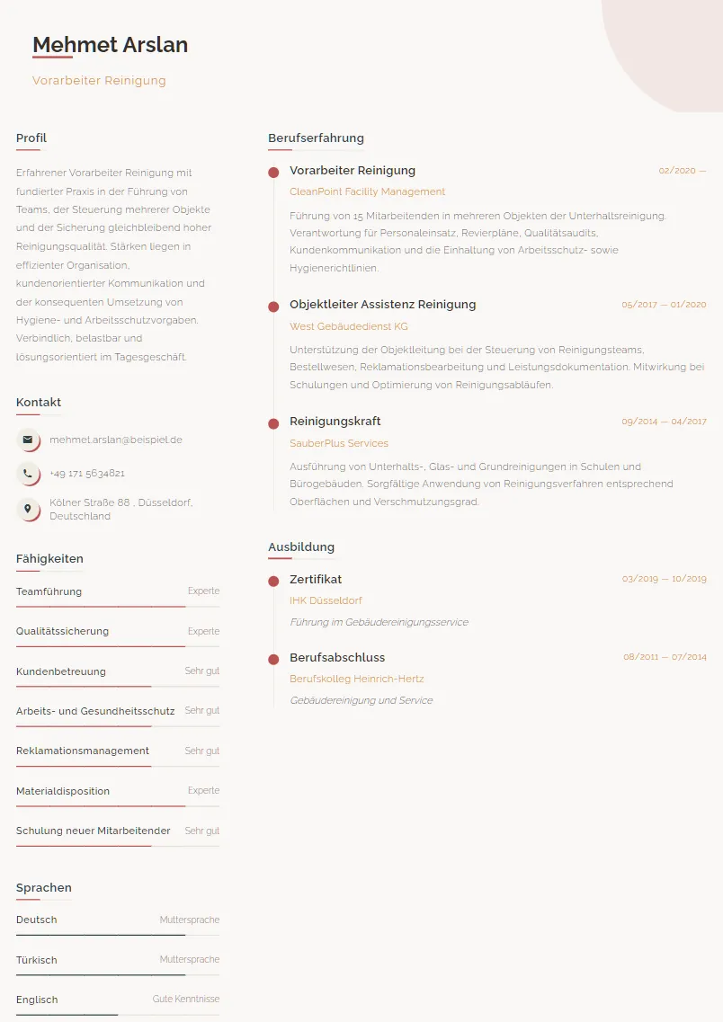 Lebenslauf Beispiel Vorarbeiter Reinigung - Mehmet Arslan