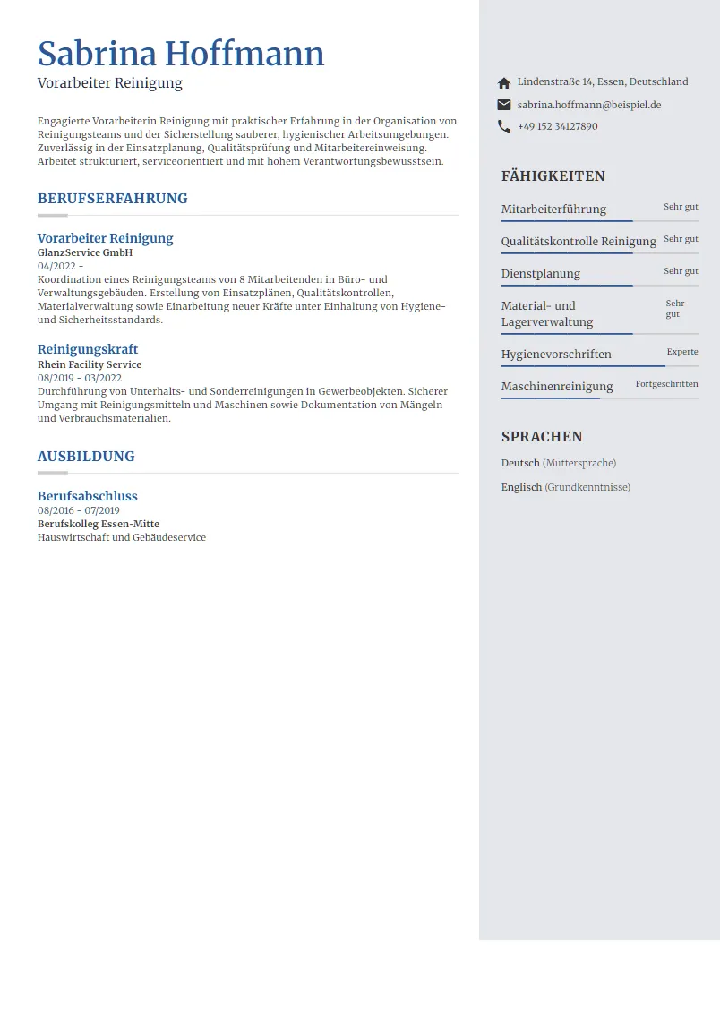 Lebenslauf Beispiel Vorarbeiter Reinigung - Sabrina Hoffmann
