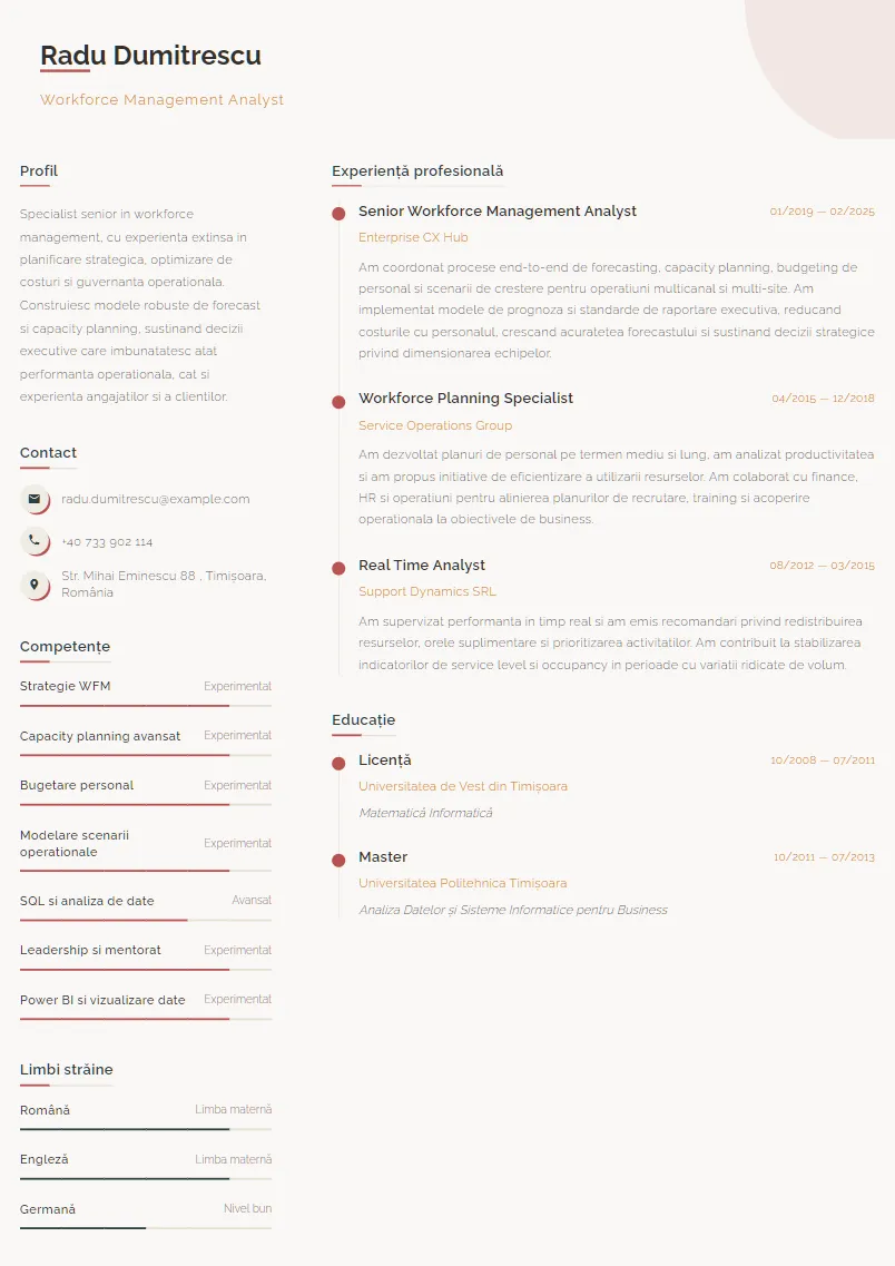 Exemplu CV Workforce Management Analyst - Radu Dumitrescu
