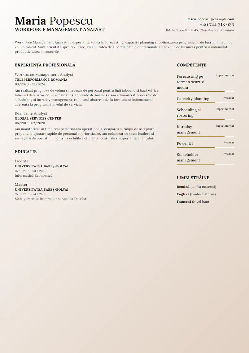 Exemplu CV Workforce Management Analyst - Maria Popescu