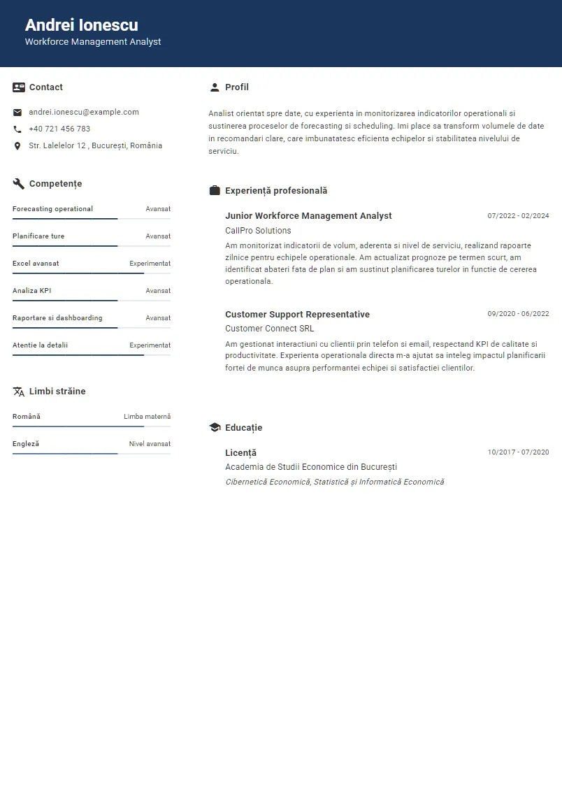 Exemplu CV Workforce Management Analyst - Andrei Ionescu