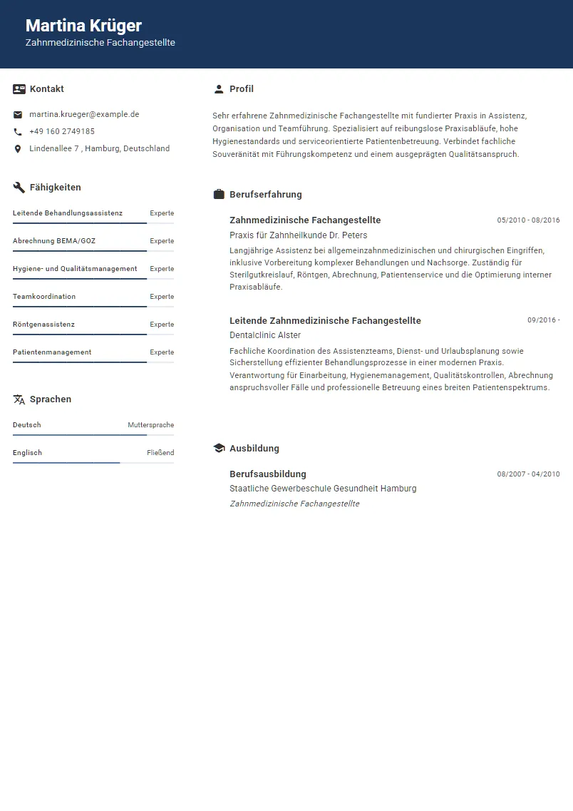 Lebenslauf Beispiel Zahnmedizinische Fachangestellte - Martina Krüger