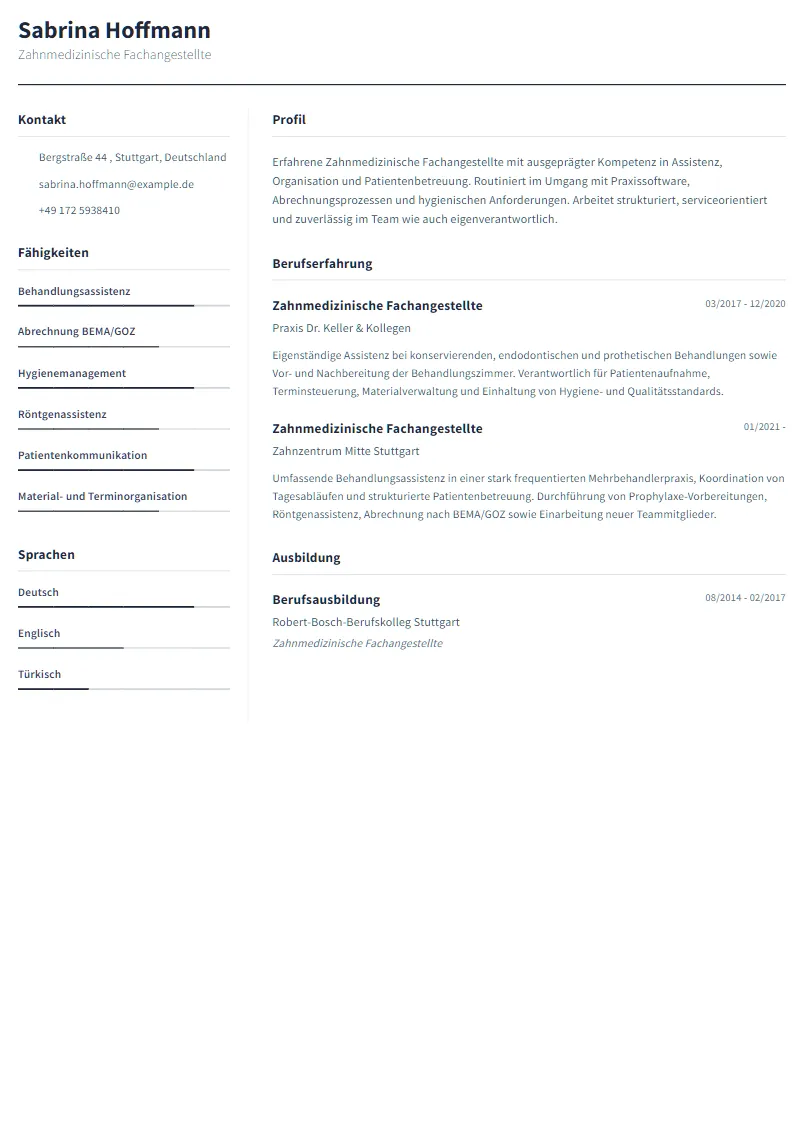 Lebenslauf Beispiel Zahnmedizinische Fachangestellte - Sabrina Hoffmann