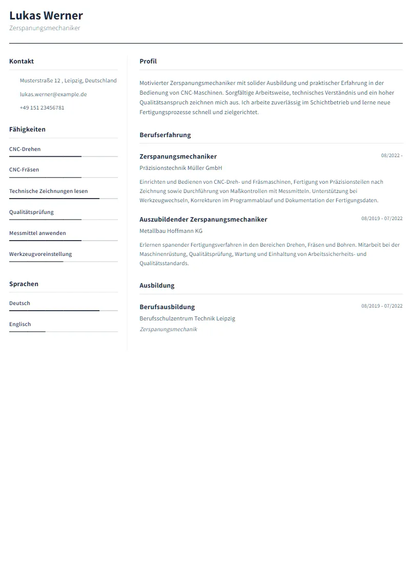 Lebenslauf Beispiel Zerspanungsmechaniker - Lukas Werner