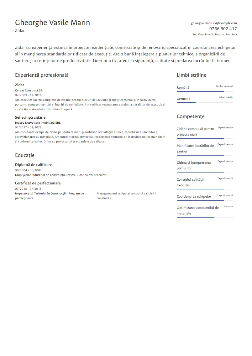 Exemplu CV Zidar - Gheorghe Vasile Marin