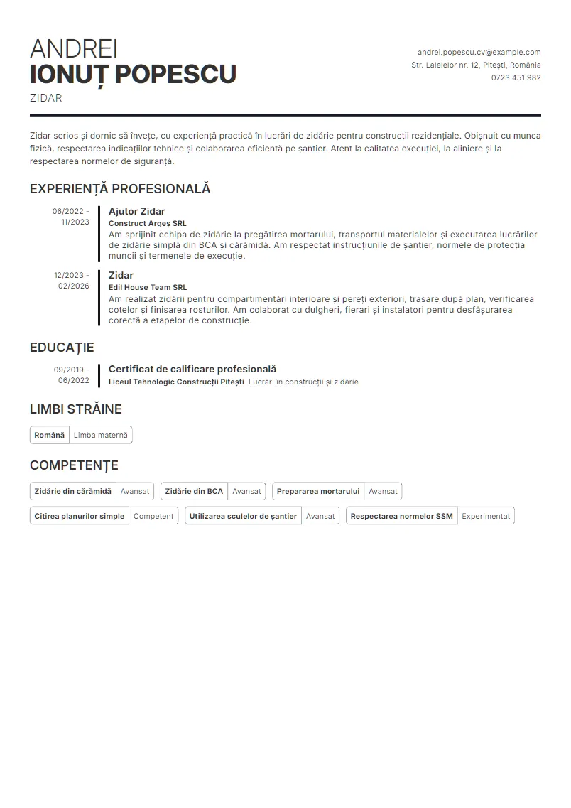 Exemplu CV Zidar - Andrei Ionuț Popescu