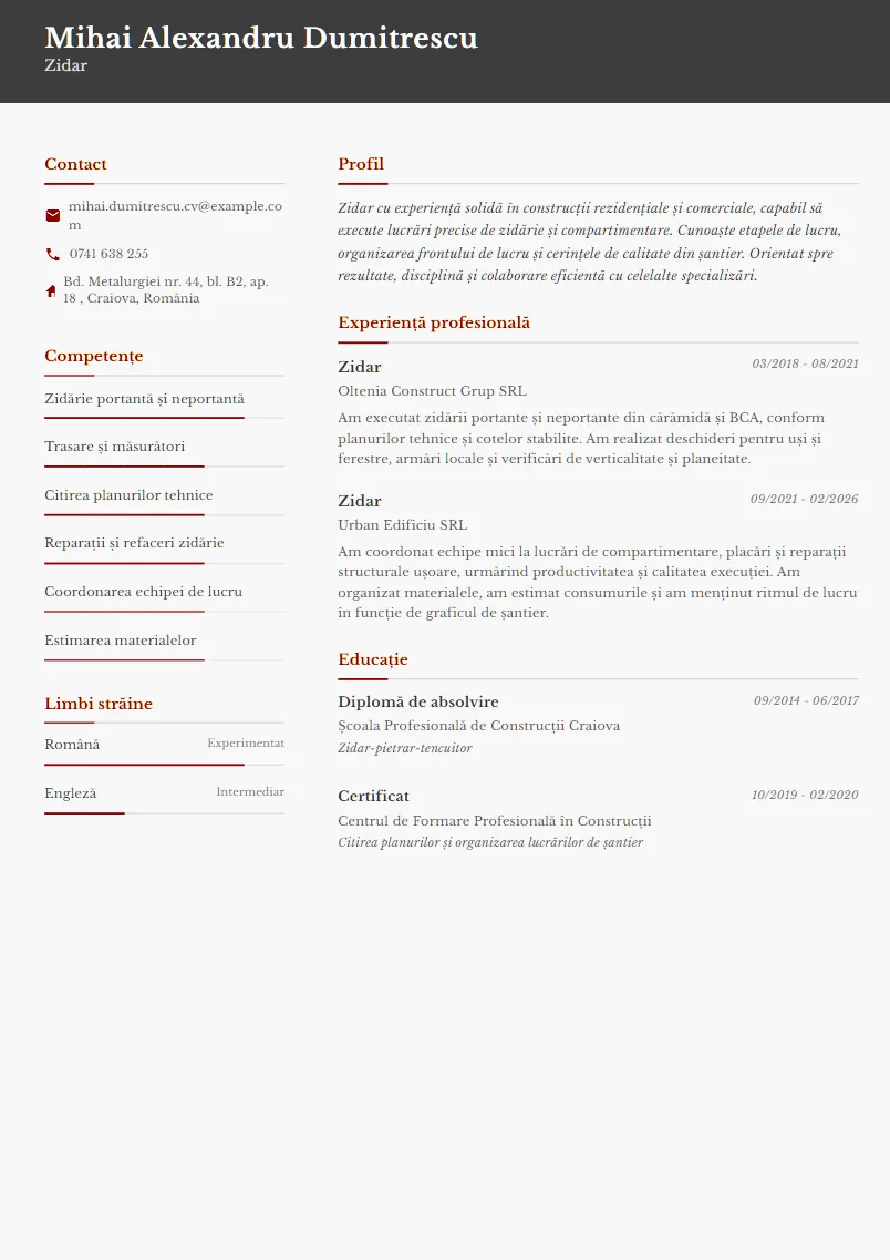 Exemplu CV Zidar - Mihai Alexandru Dumitrescu